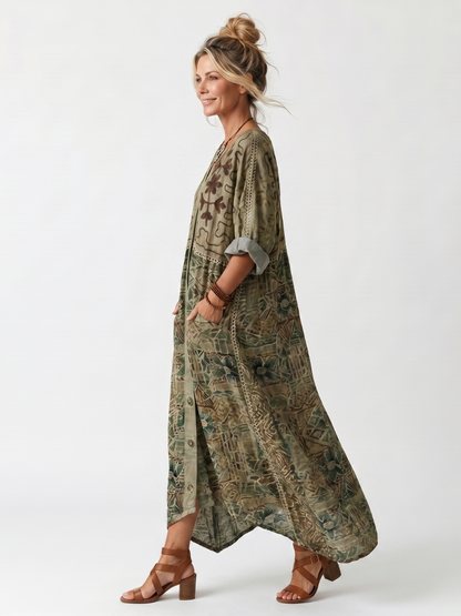 Women's Olive Floral Button-Front Maxi Dress - Olive Green Floral