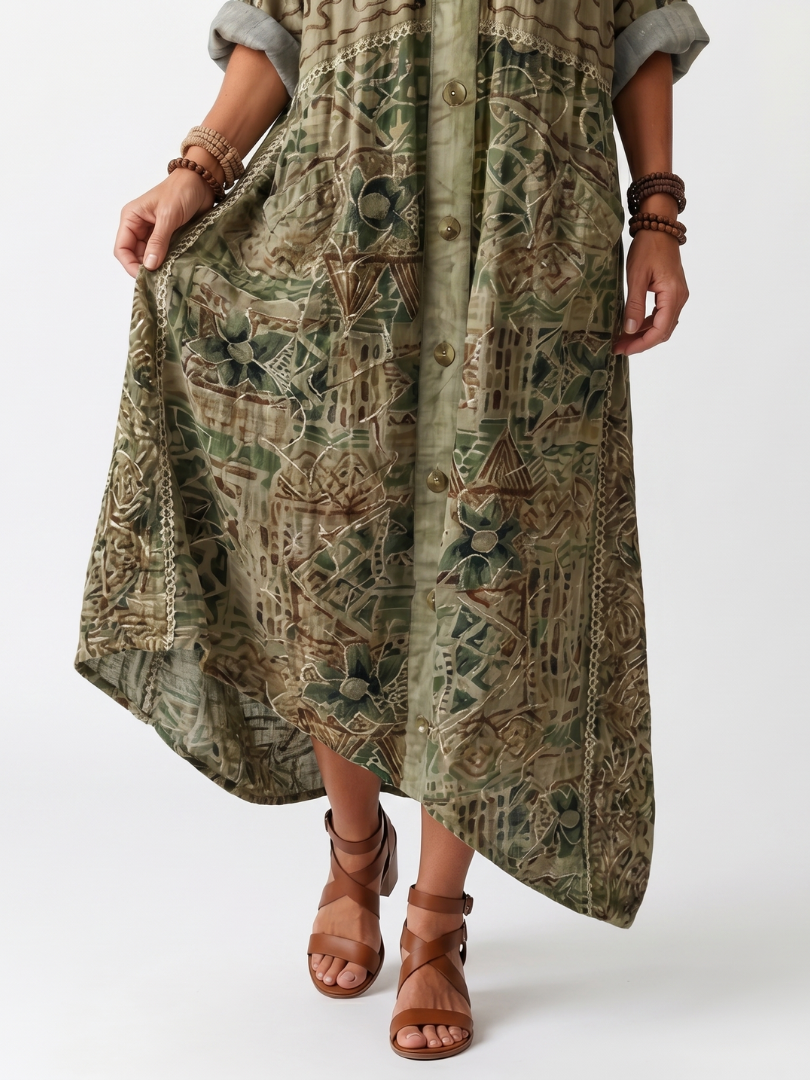 Women's Olive Floral Button-Front Maxi Dress - Olive Green Floral