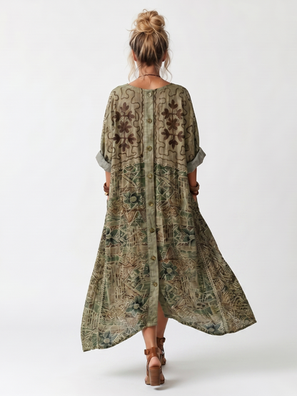 Women's Olive Floral Button-Front Maxi Dress - Olive Green Floral