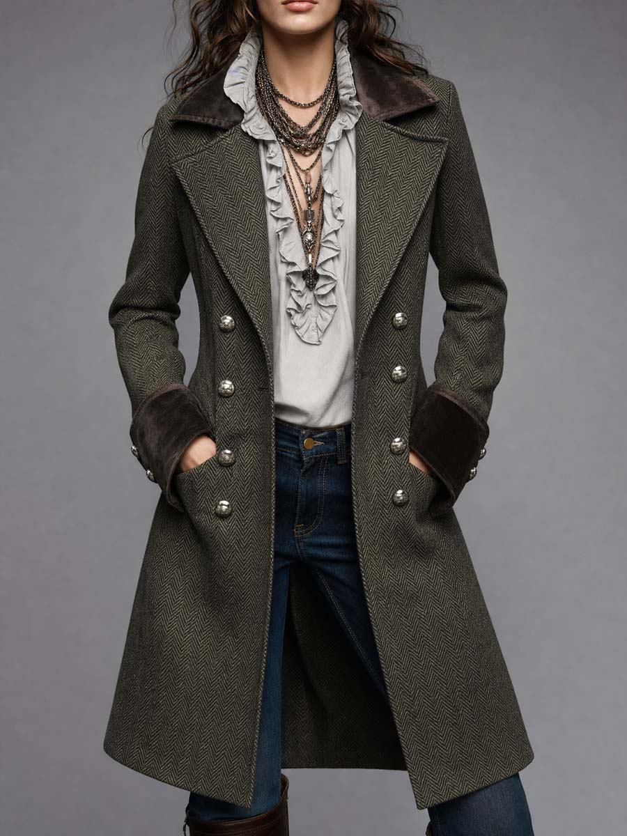 Women's Olive Herringbone Military Coat - Olive