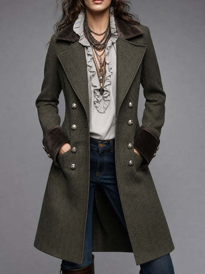 Women's Olive Herringbone Military Coat - Olive