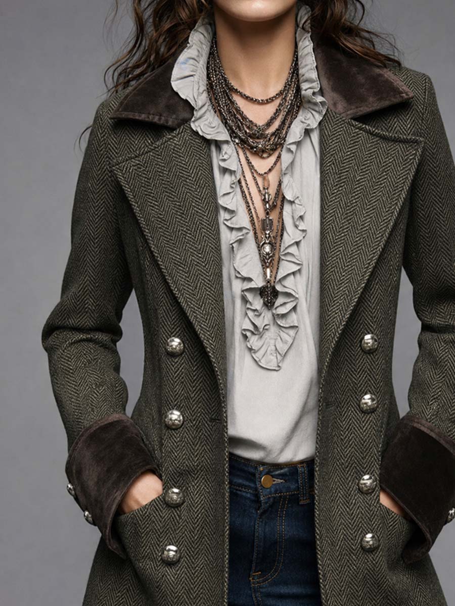 Women's Olive Herringbone Military Coat - Olive