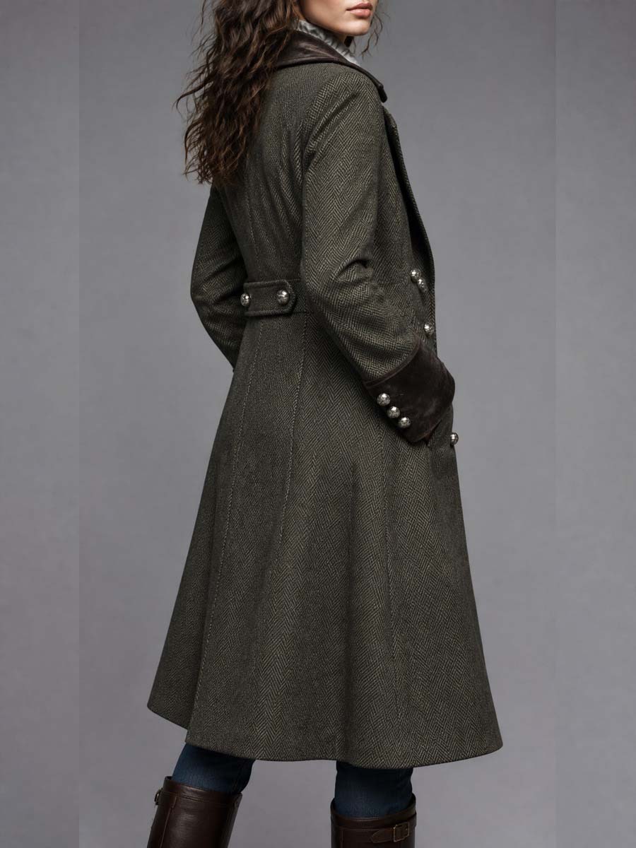 Women's Olive Herringbone Military Coat - Olive