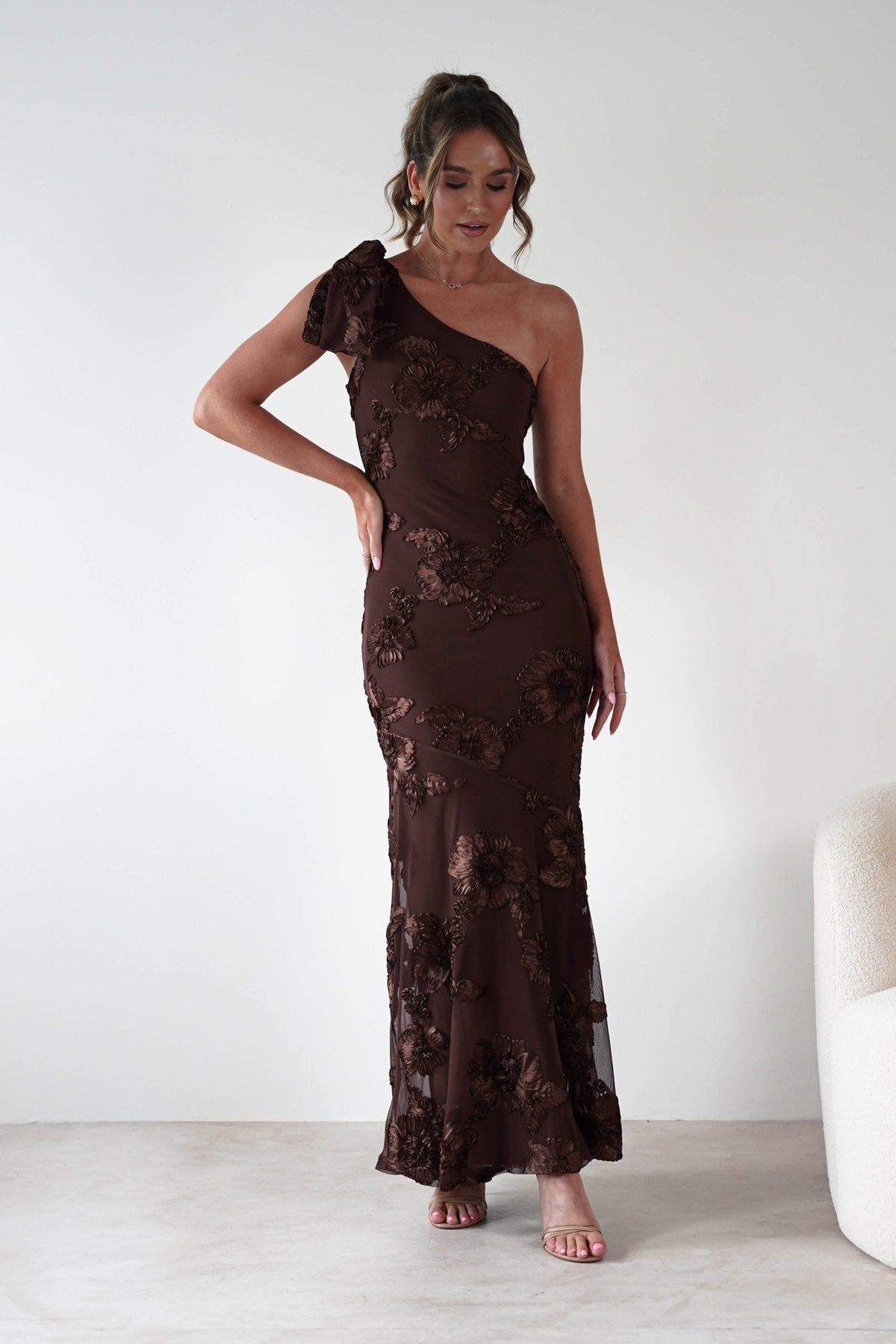 Women's One-Shoulder Bow Floral Maxi Dress - Brown Floral