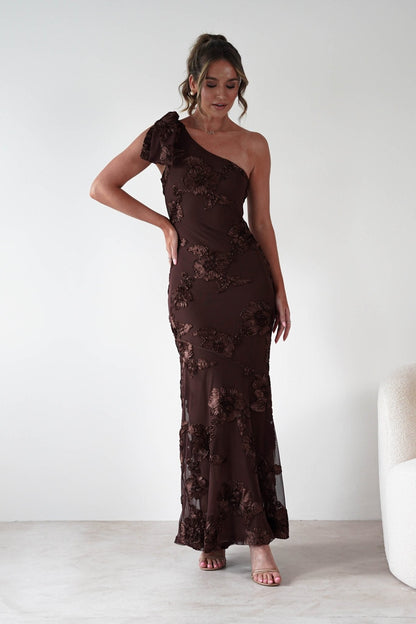 Women's One-Shoulder Bow Floral Maxi Dress - Brown Floral