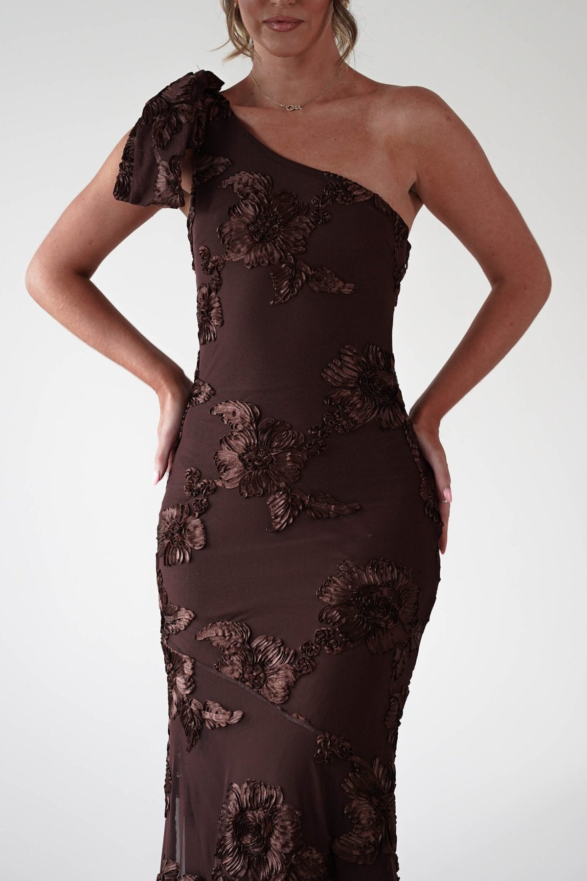 Women's One-Shoulder Bow Floral Maxi Dress - Brown Floral