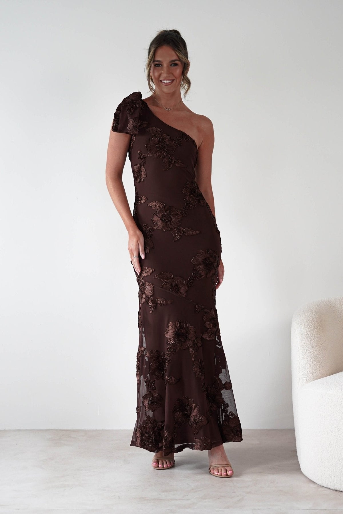 Women's One-Shoulder Bow Floral Maxi Dress - Brown Floral
