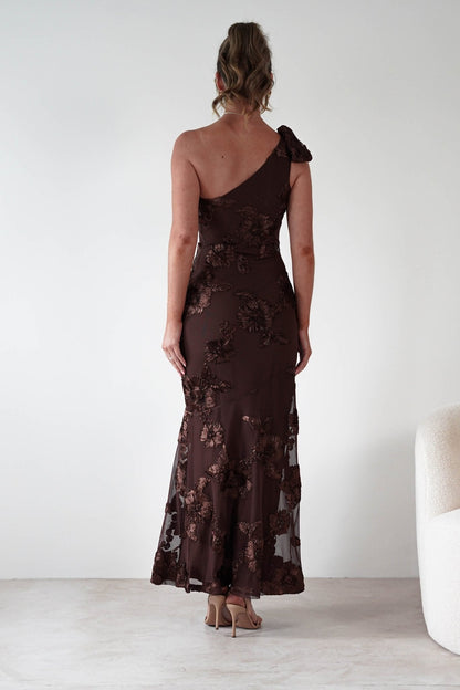 Women's One-Shoulder Bow Floral Maxi Dress - Brown Floral