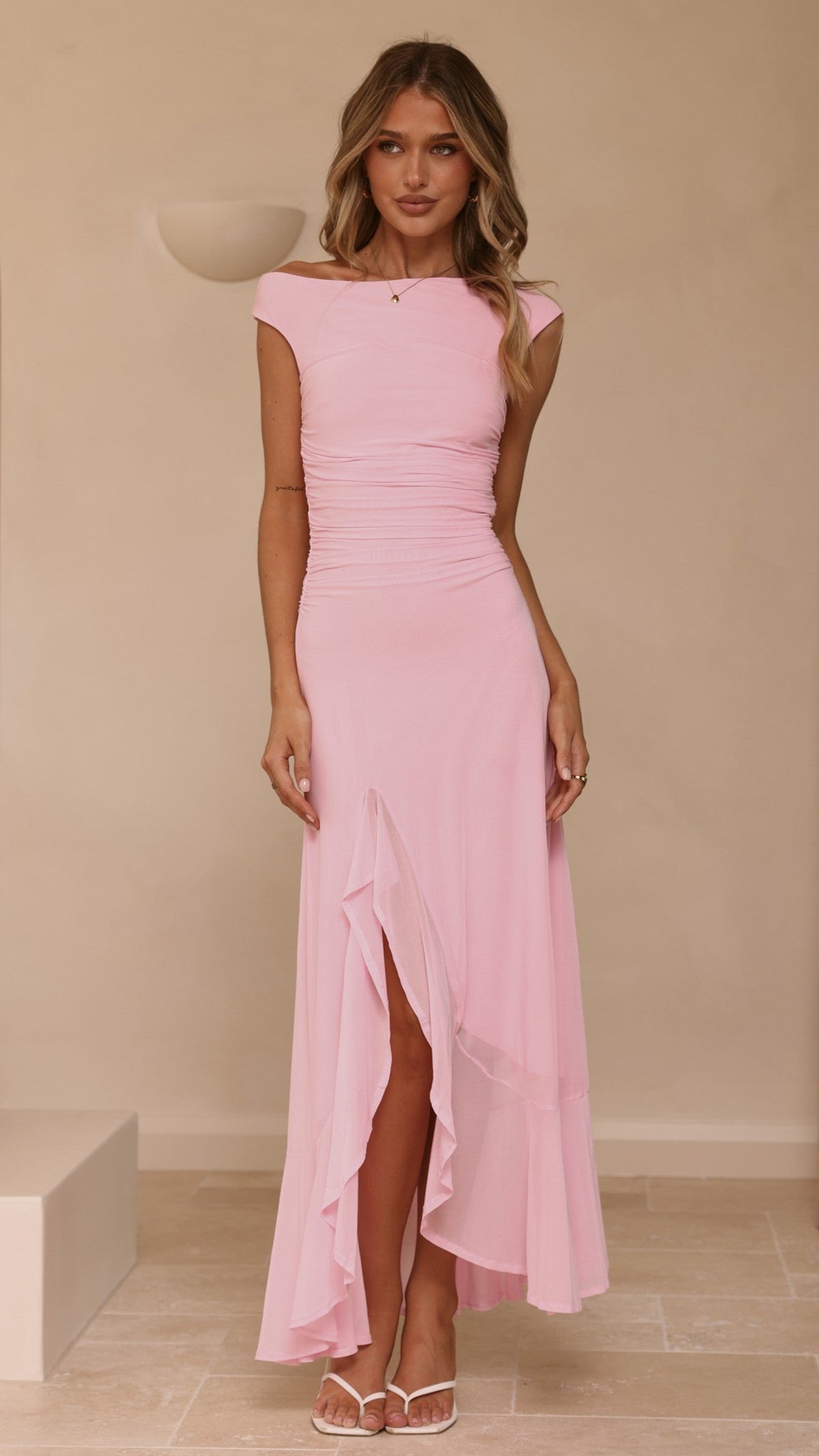 Women's One Shoulder Ruffle Hem Maxi Dress - Pink