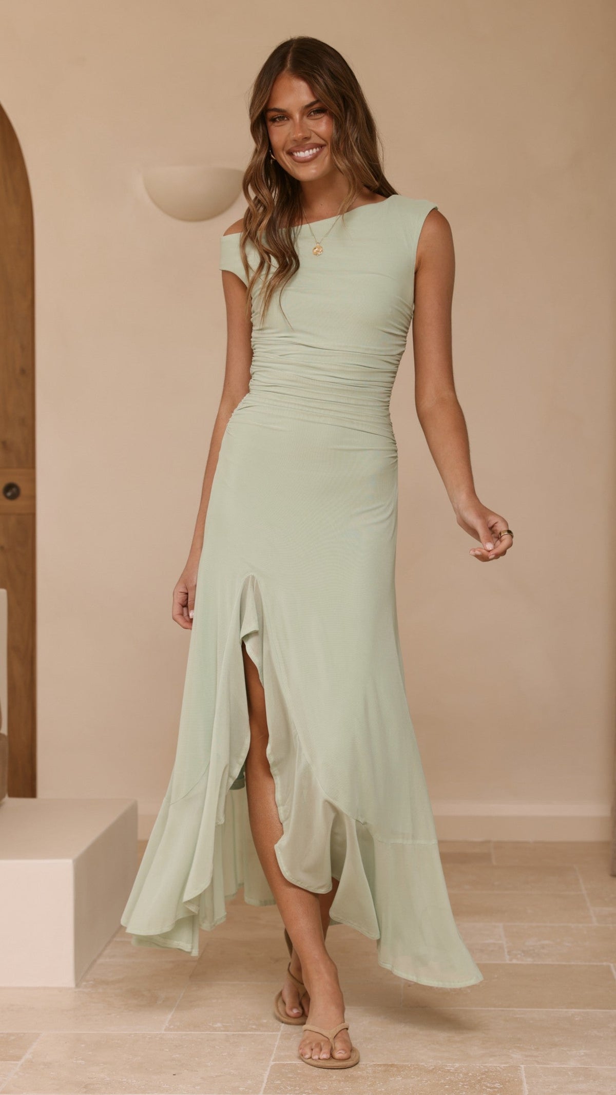 Women's One Shoulder Ruffle Hem Maxi Dress - Sage