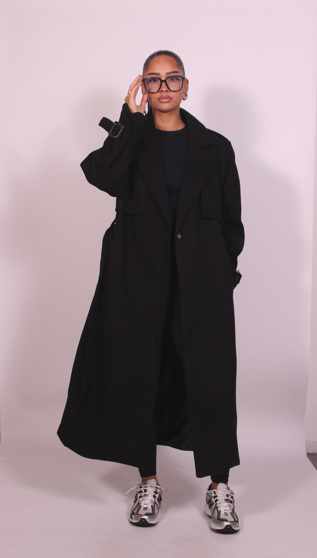 Women's Oversized Belted Longline Trench Coat - Black