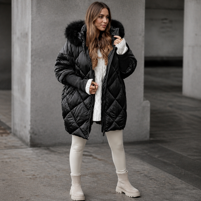Women's Oversized Faux Fur Hood Parka Coat - Black