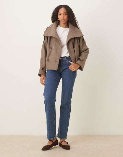 Women's Oversized Funnel Neck Cropped Coat - Taupe