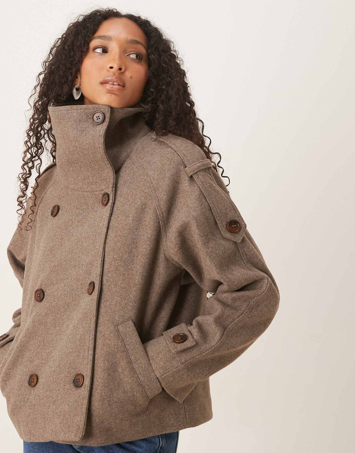 Women's Oversized Funnel Neck Cropped Coat - Taupe