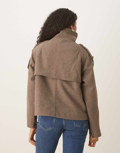 Women's Oversized Funnel Neck Cropped Coat - Taupe