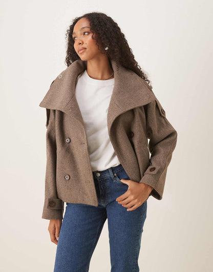 Women's Oversized Funnel Neck Cropped Coat - Taupe