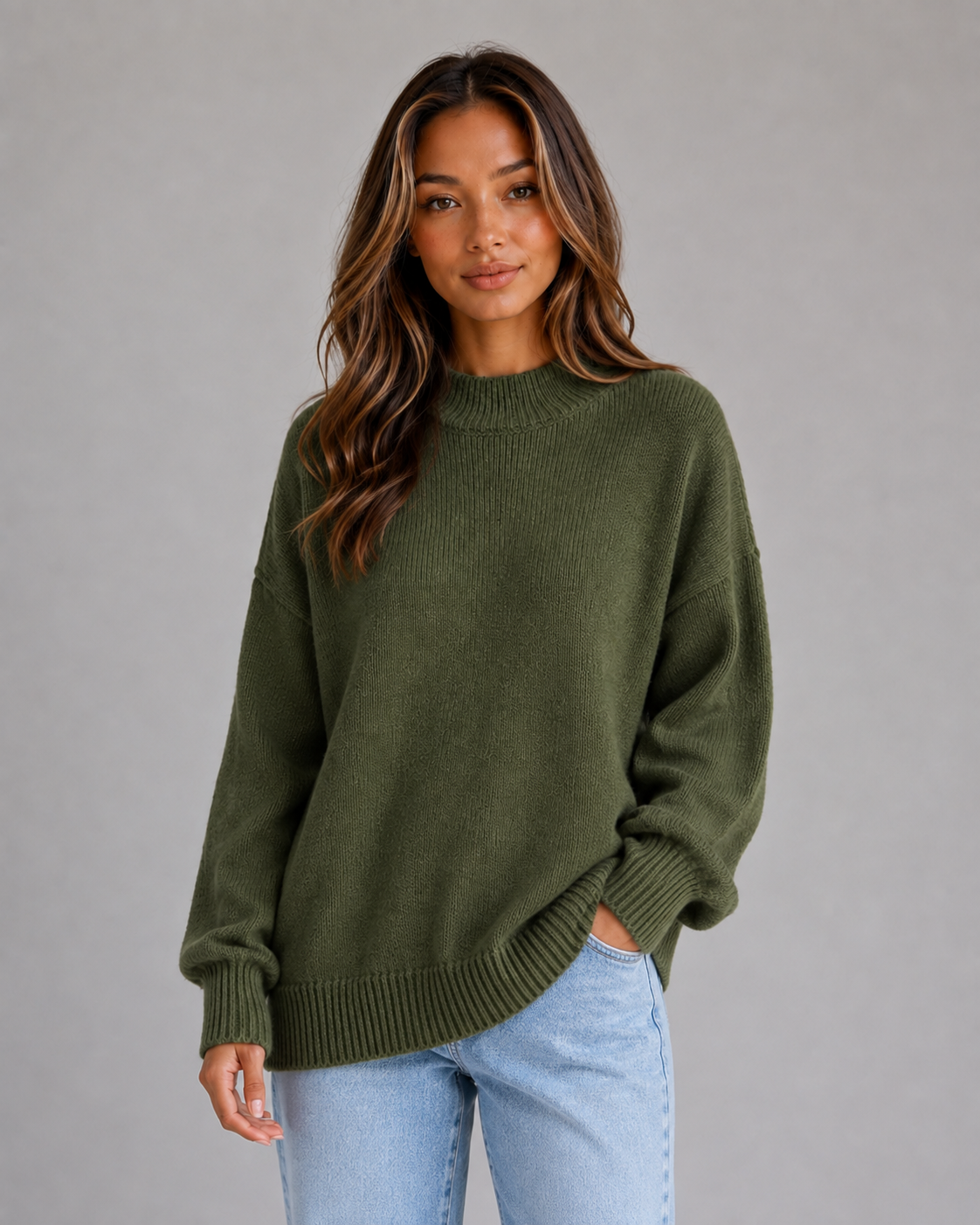 Women's Oversized High Neck Sweater Top - Dark Green