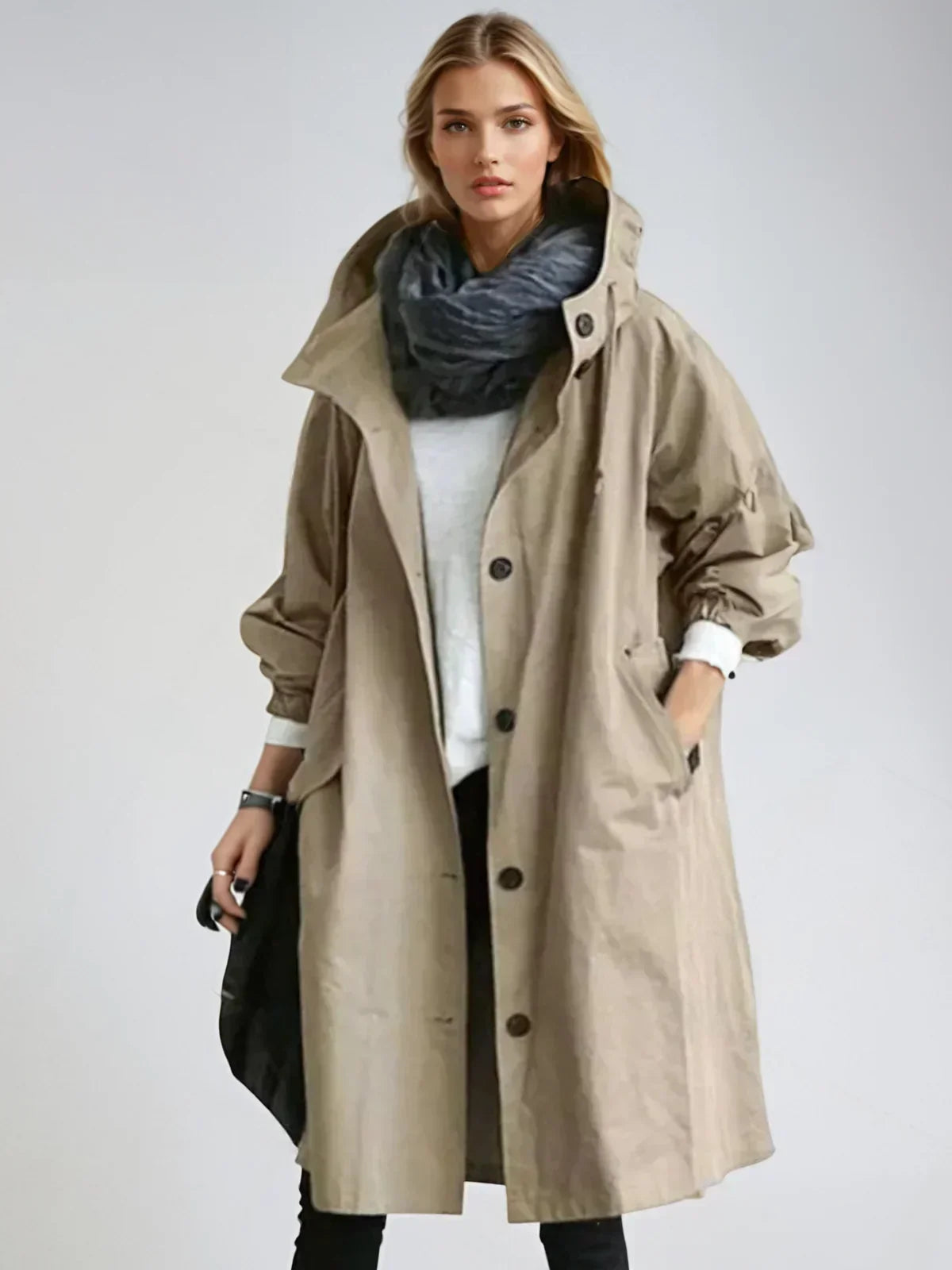 Women's Oversized Hooded Longline Coat - Beige