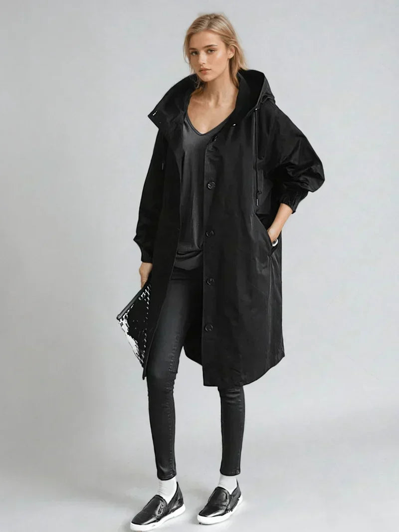 Women's Oversized Hooded Longline Coat - Black