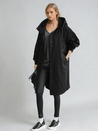Women's Oversized Hooded Longline Coat - Black