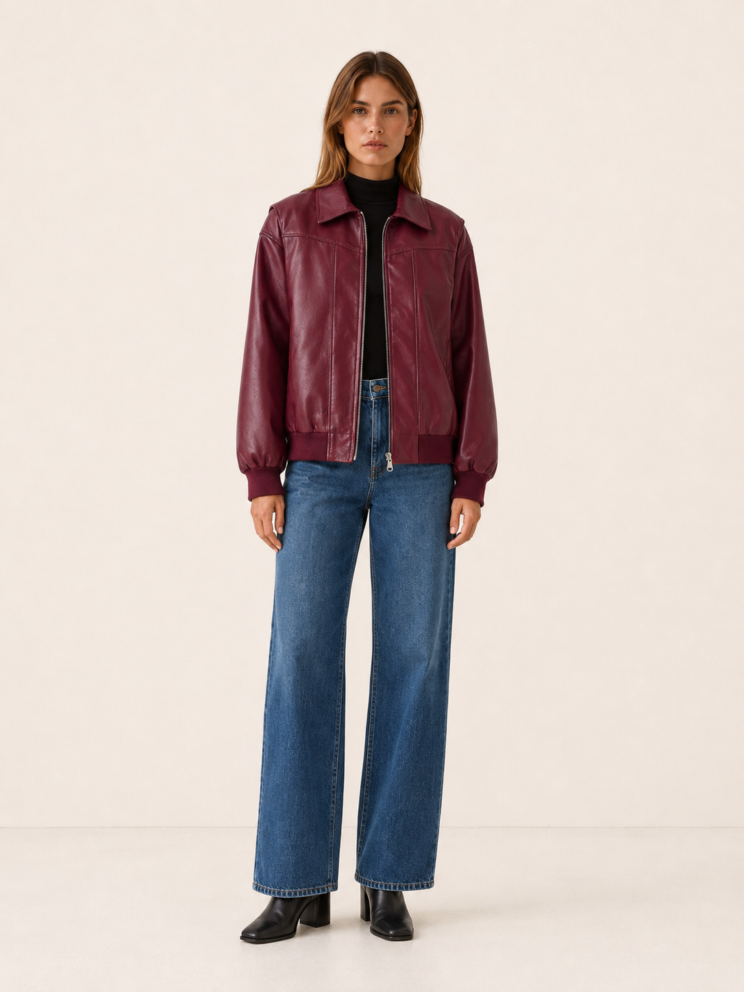Women's Oversized Leather-Look Bomber Jacket - Burgundy
