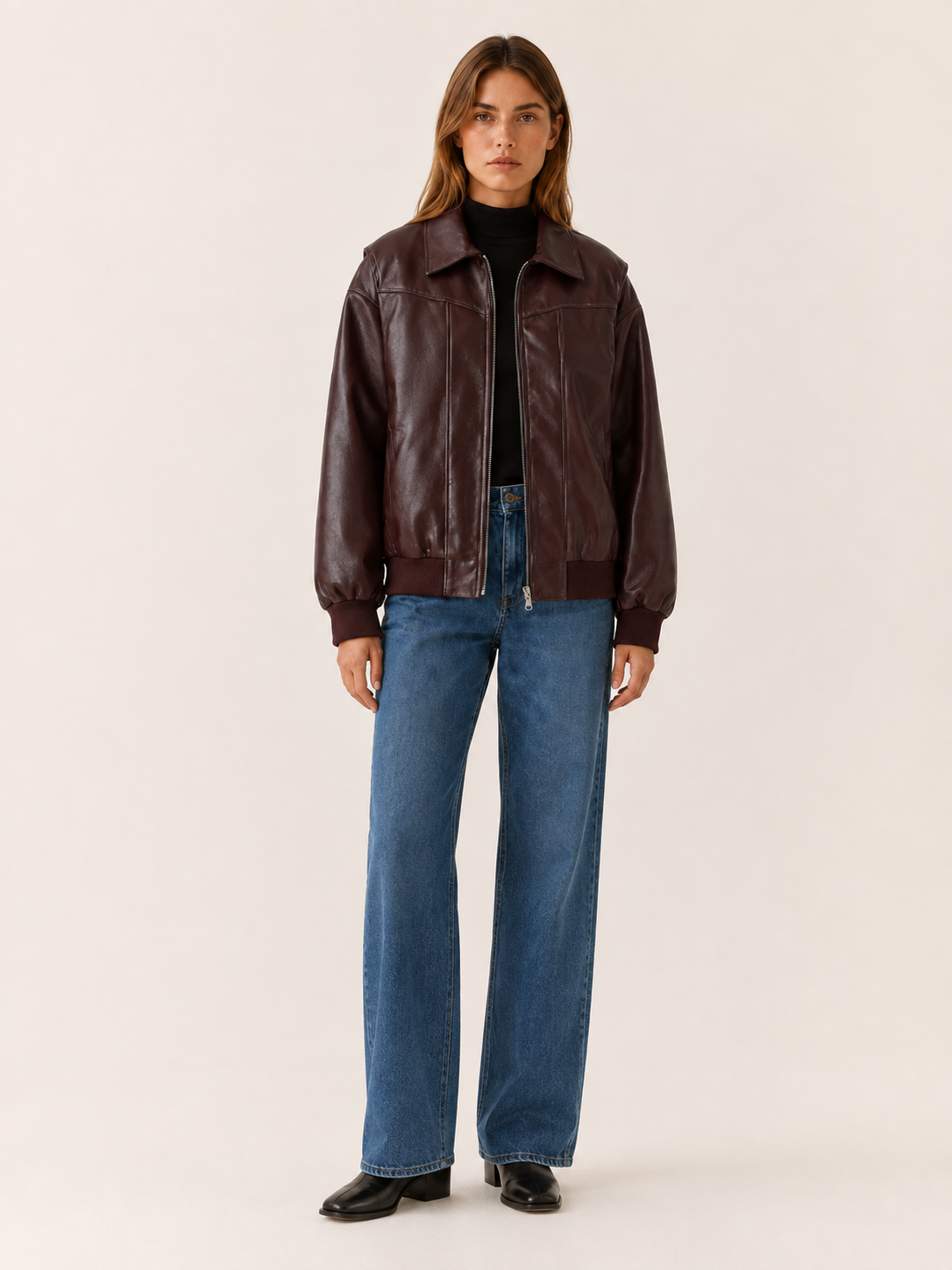 Women's Oversized Leather-Look Bomber Jacket - Dark Burgundy