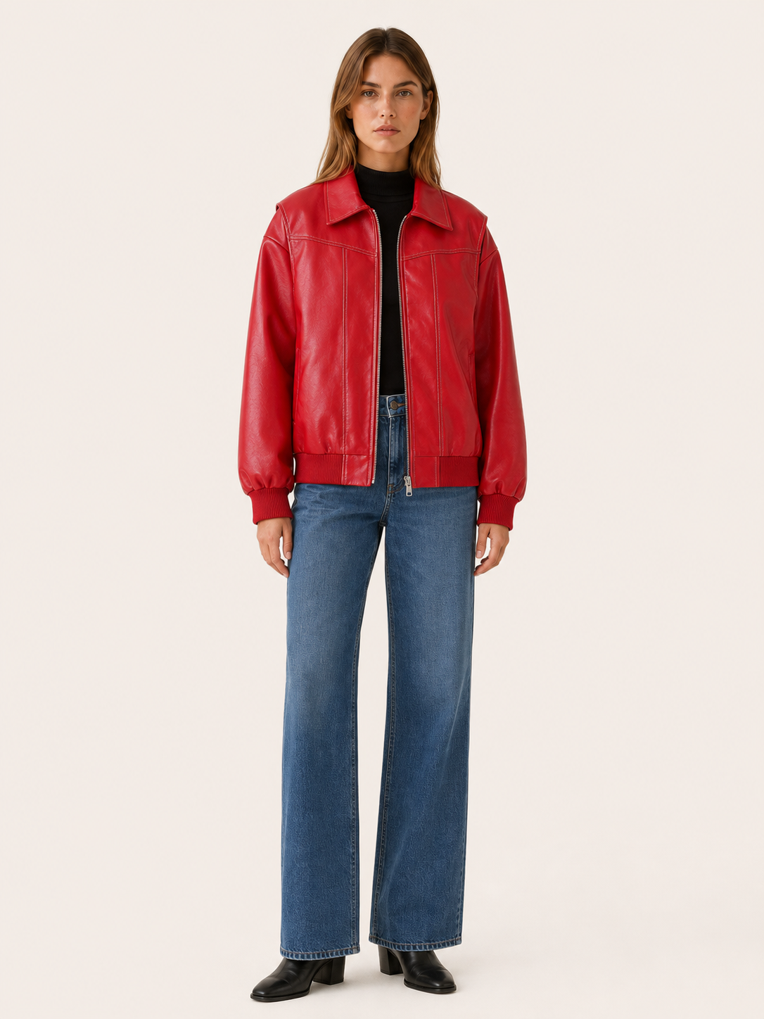 Women's Oversized Leather-Look Bomber Jacket - Red