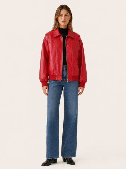 Women's Oversized Leather-Look Bomber Jacket - Red