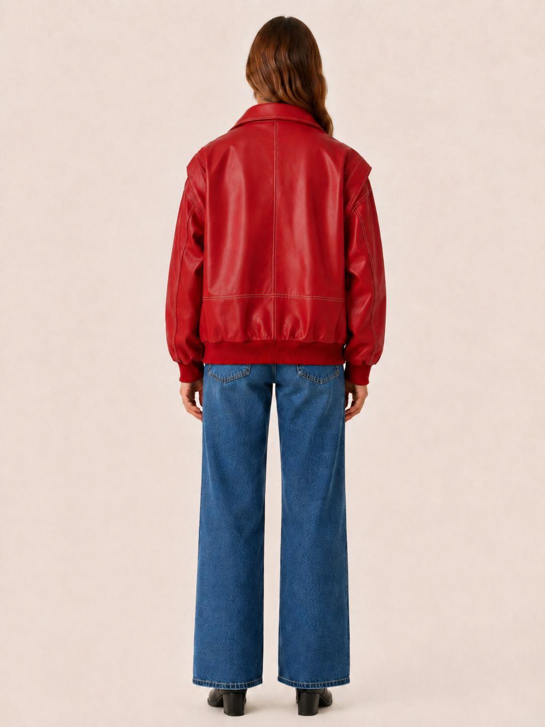 Women's Oversized Leather-Look Bomber Jacket - Red