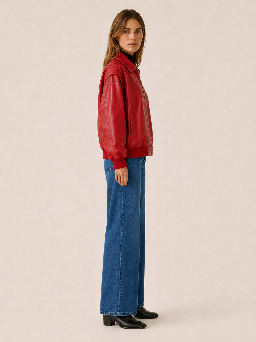 Women's Oversized Leather-Look Bomber Jacket - Red