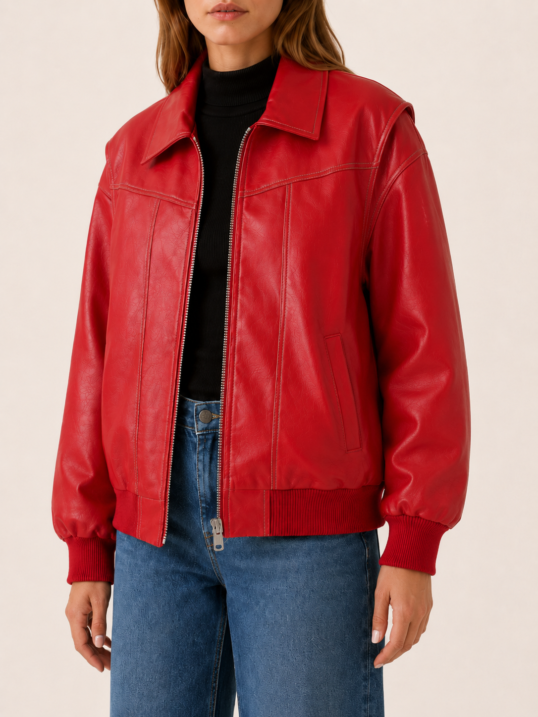 Women's Oversized Leather-Look Bomber Jacket - Red