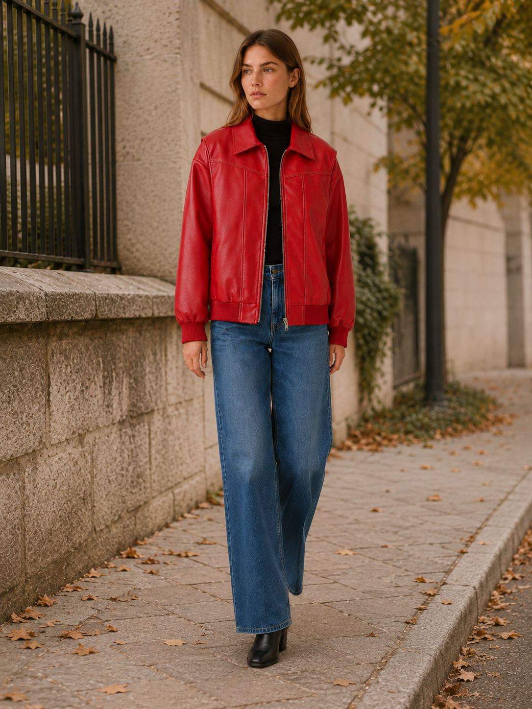 Women's Oversized Leather-Look Bomber Jacket - Red