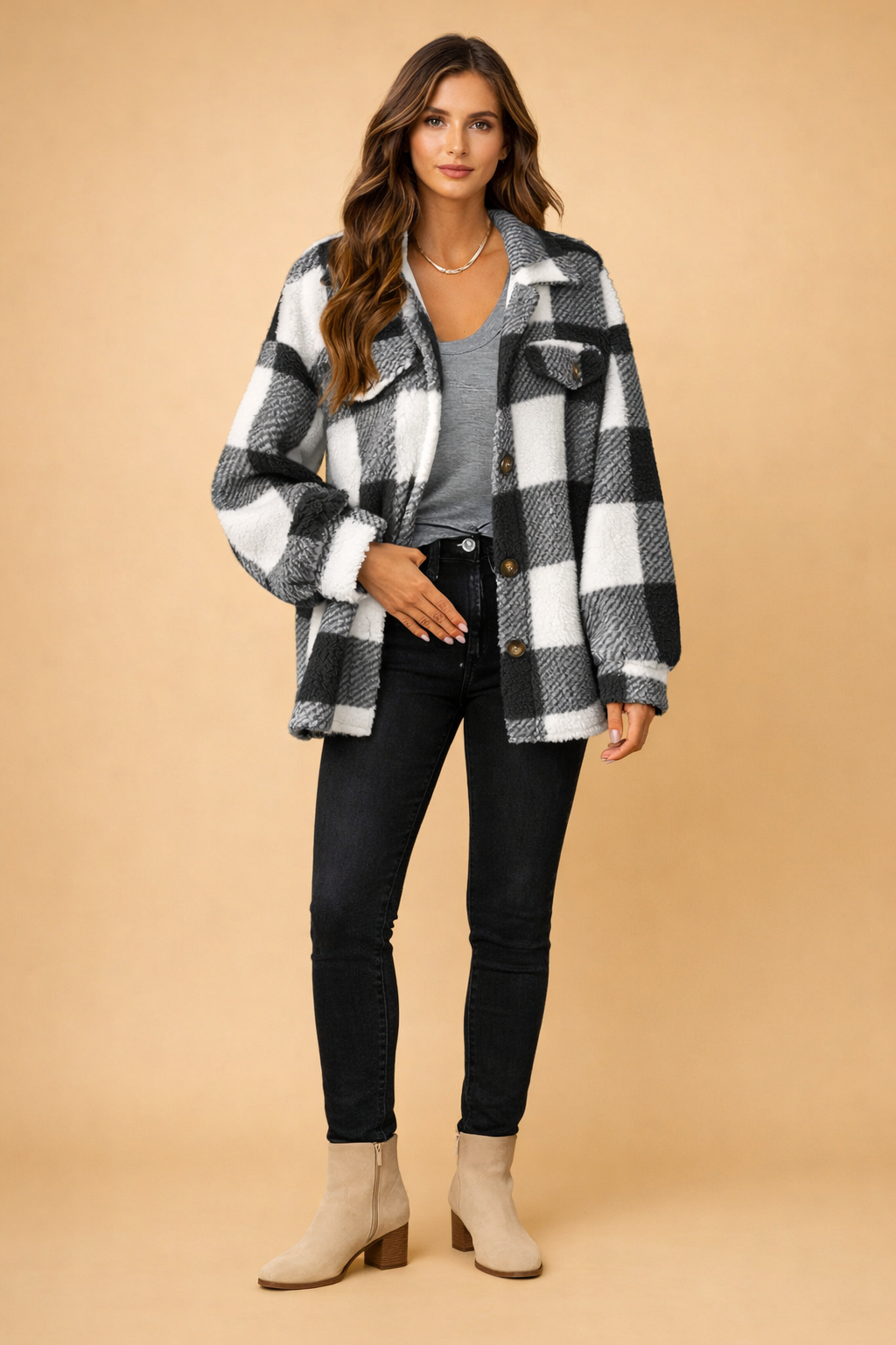 Women's Oversized Plaid Teddy Fleece Shirt Jacket - Charcoal Plaid