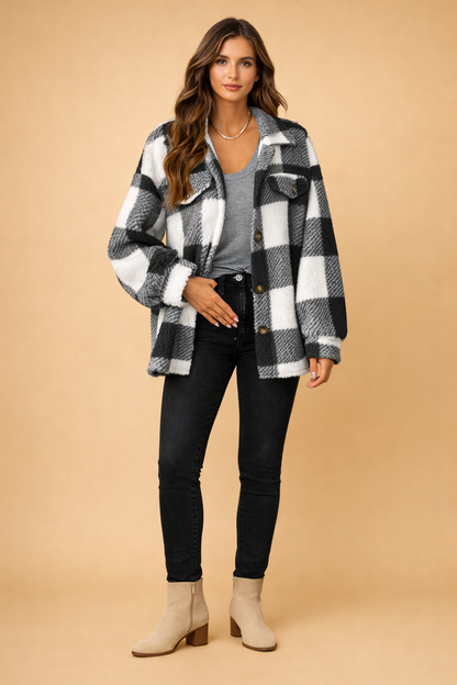 Women's Oversized Plaid Teddy Fleece Shirt Jacket - Charcoal Plaid