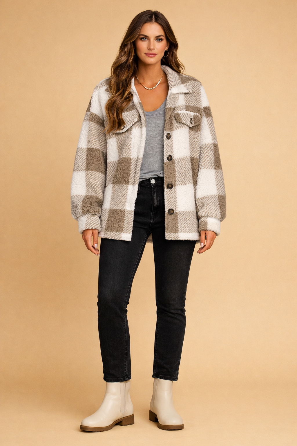 Women's Oversized Plaid Teddy Fleece Shirt Jacket - Taupe Plaid
