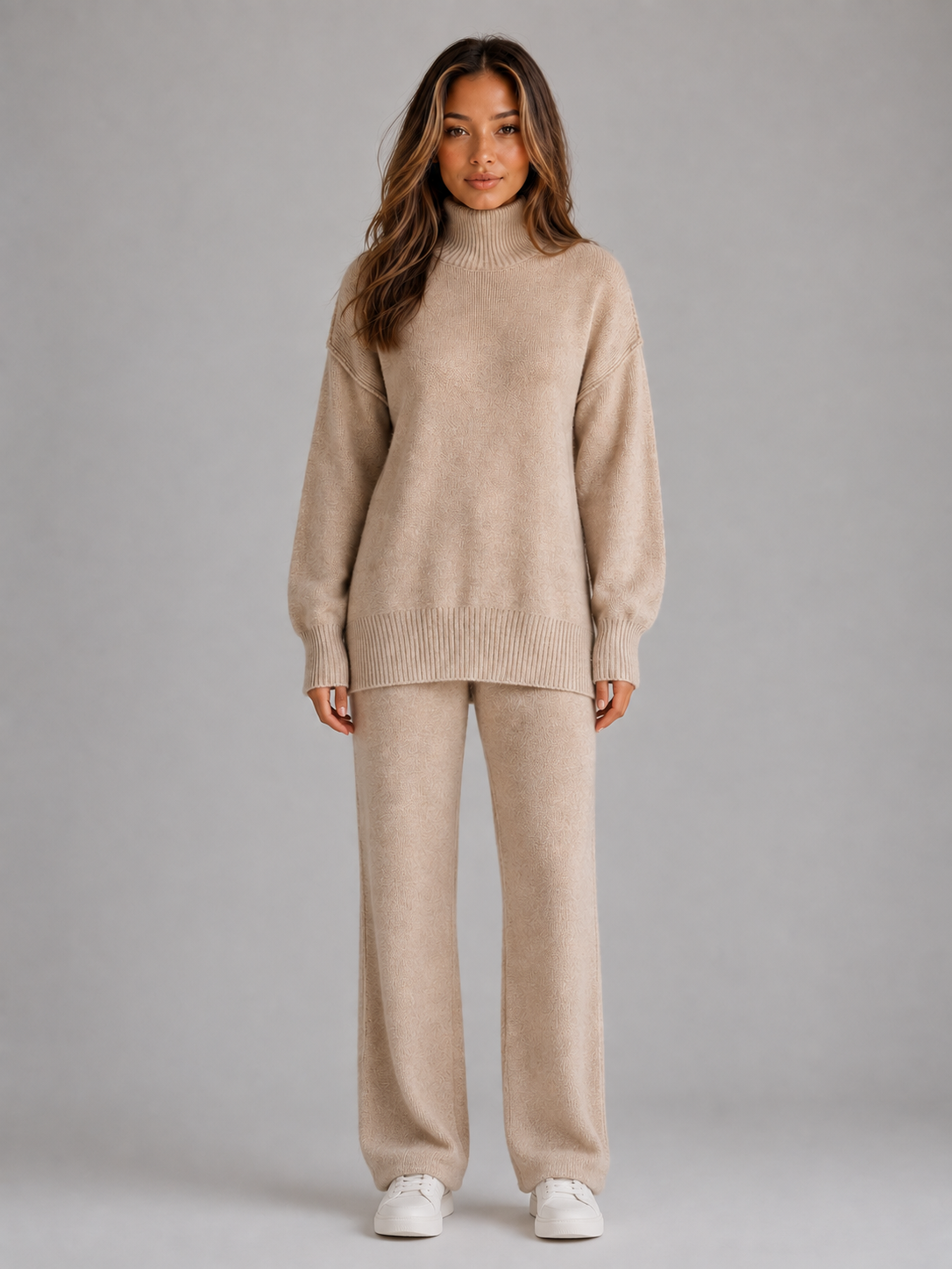 Women's Oversized Roll Neck Lounge Set - Beige