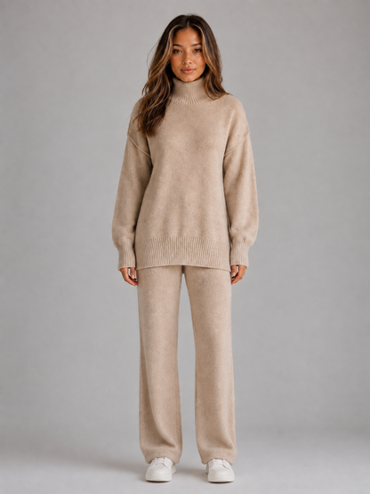 Women's Oversized Roll Neck Lounge Set - Beige