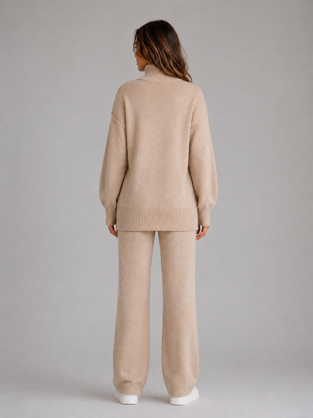 Women's Oversized Roll Neck Lounge Set - Beige