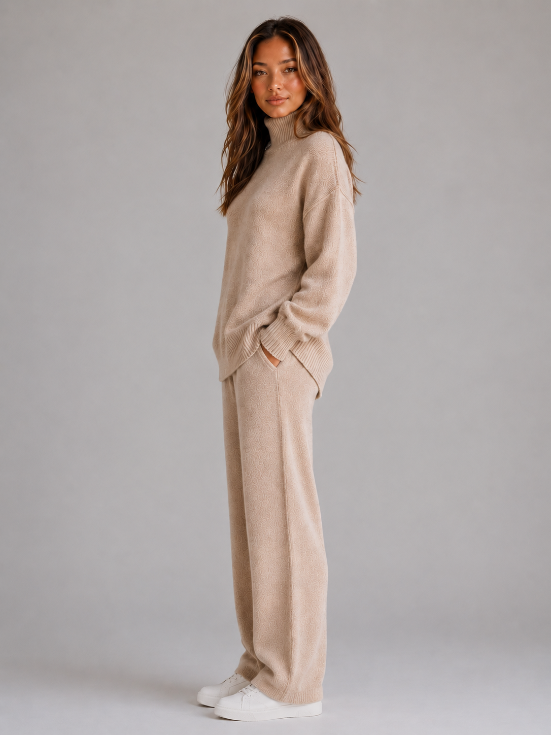 Women's Oversized Roll Neck Lounge Set - Beige