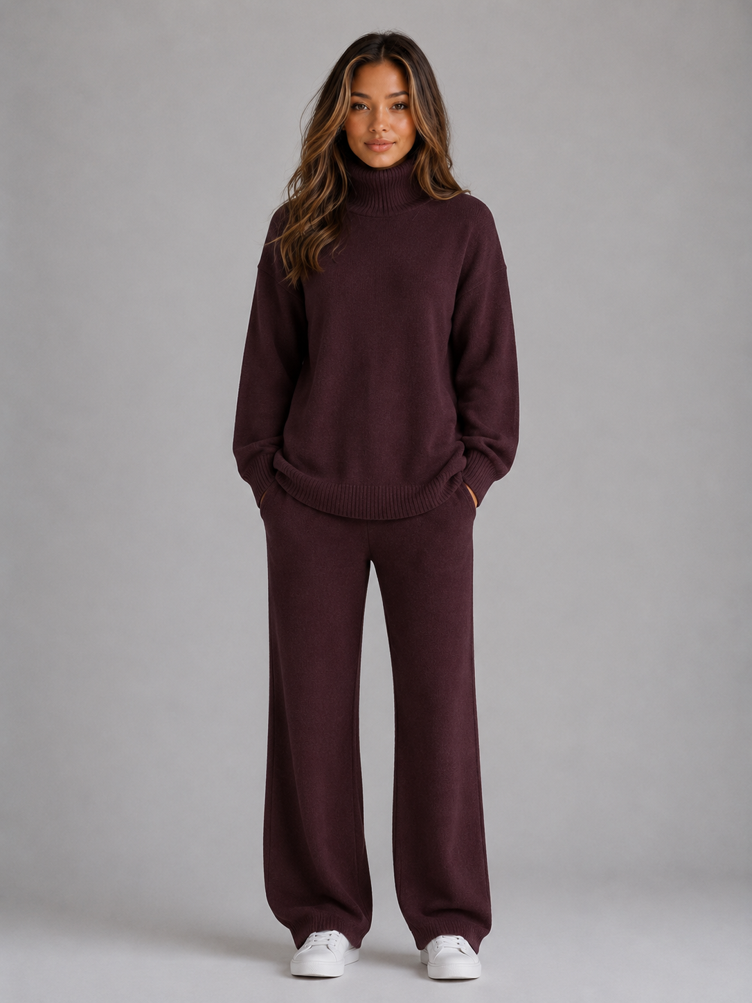 Women's Oversized Roll Neck Lounge Set - Burgundy