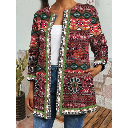 Women's Patterned Open-Front Jacket with Contrast Trim - Red Geometric Print