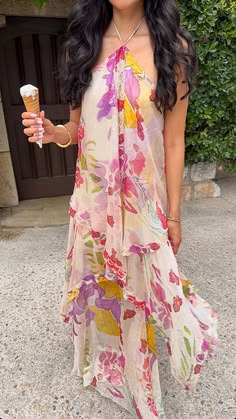 Women's Pink and Purple Floral Halter Maxi Dress - Pink and Purple Floral