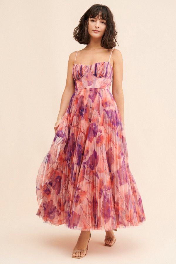 Women's Pink and Purple Floral Tulle Maxi Dress - Pink and Purple Floral