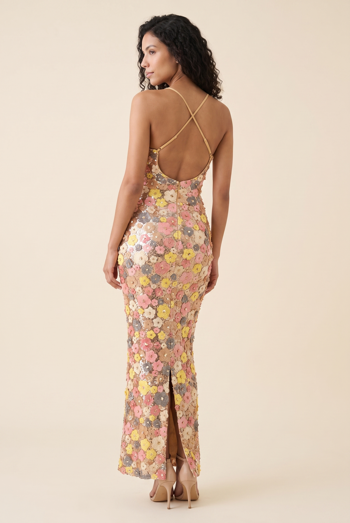 Women's Pink and Yellow Floral Open-Back Maxi Dress - Pink and Yellow Floral