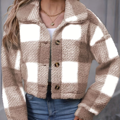 Women's Plaid Button Front Cropped Jacket - Khaki Plaid