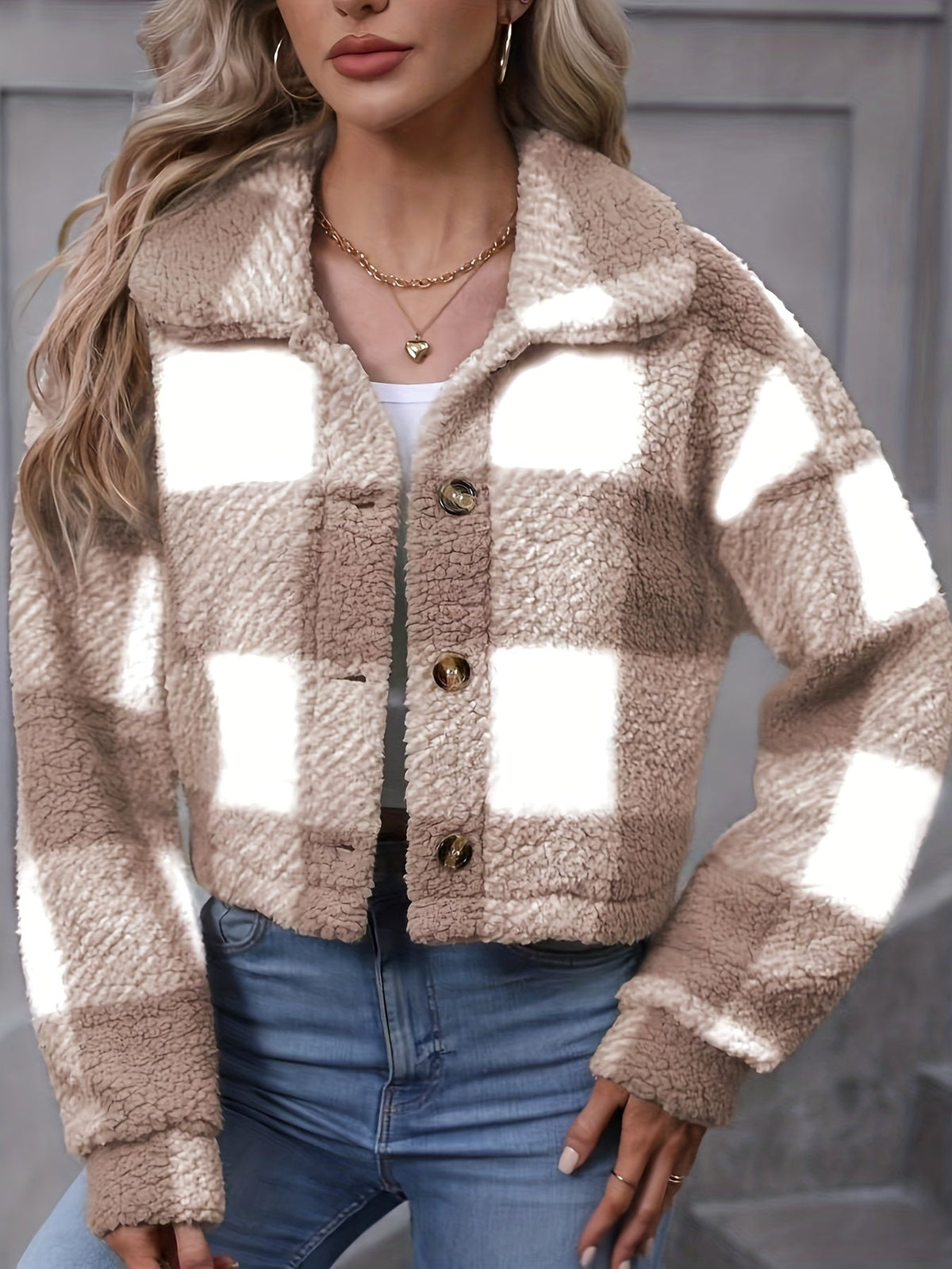 Women's Plaid Button Front Cropped Jacket - Khaki Plaid