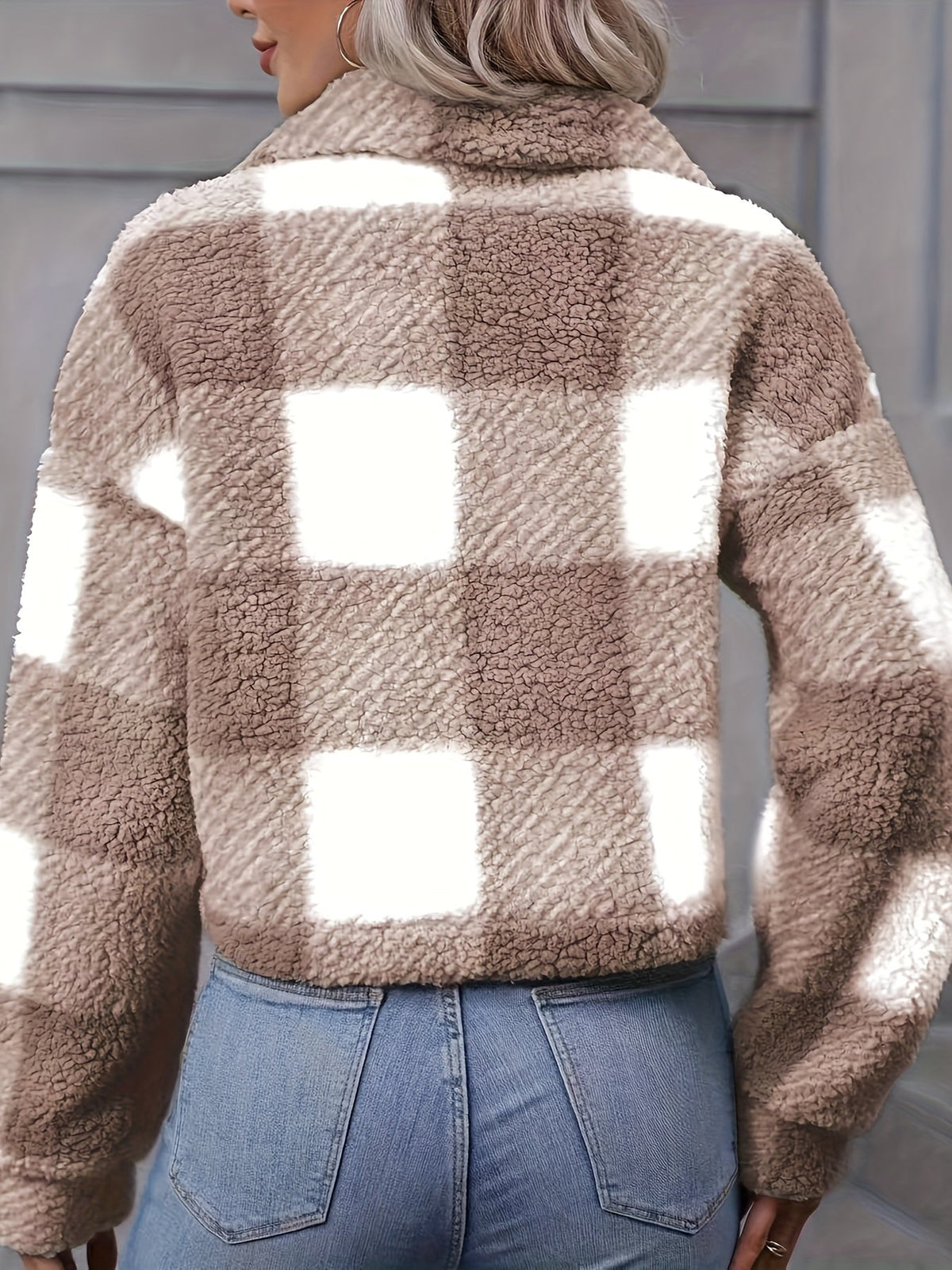 Women's Plaid Button Front Cropped Jacket - Khaki Plaid