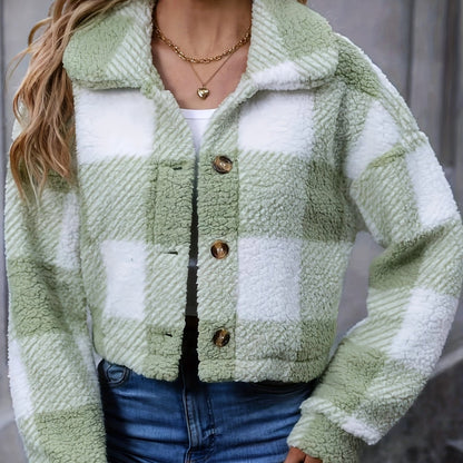 Women's Plaid Button Front Cropped Jacket - Sage Green Plaid