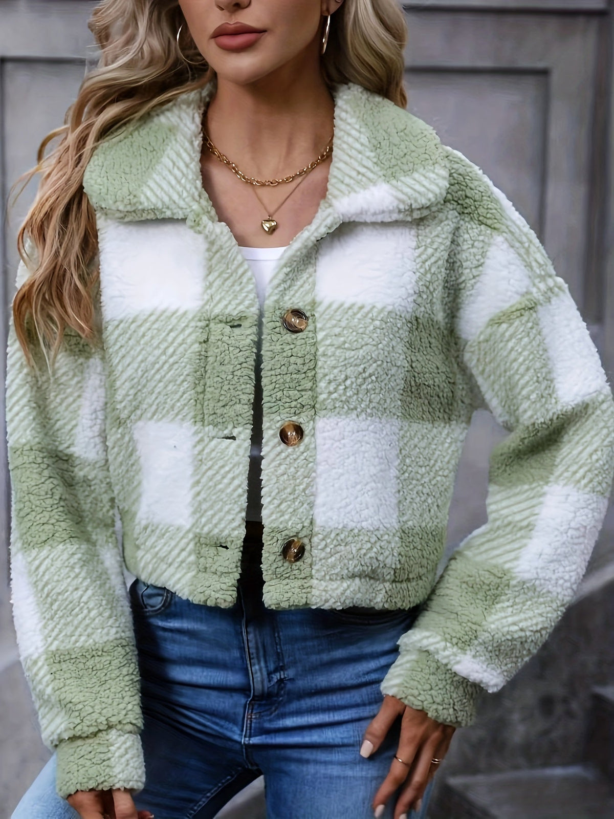 Women's Plaid Button Front Cropped Jacket - Sage Green Plaid