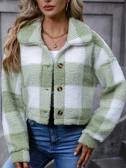 Women's Plaid Button Front Cropped Jacket - Sage Green Plaid